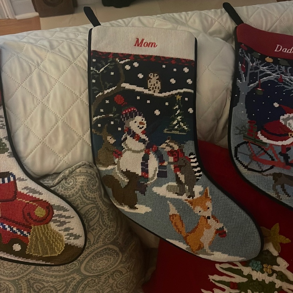 Needlepoint stocking with Mom